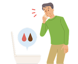 尿の色が赤や茶色になっていて驚く男性のイラスト。膀胱がんの初期症状である血尿に気づいたシーン