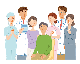 療養中の患者さんを支える医師、看護師、ご家族のイラスト