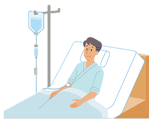 ベッドに座って薬物療法を受けている患者さんのイラスト