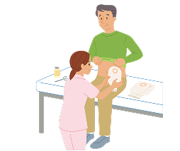 看護師がストーマ管理について患者さんに説明しているイラスト