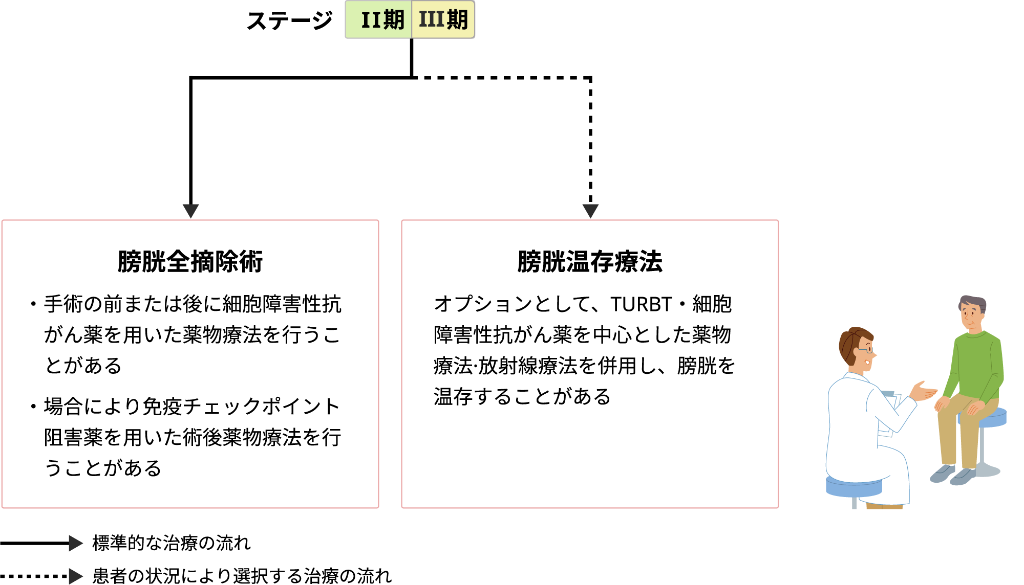 筋層浸潤性膀胱癌（II期、III期）の治療フローチャート 膀胱全摘除術、膀胱温存療法の治療選択肢を示す